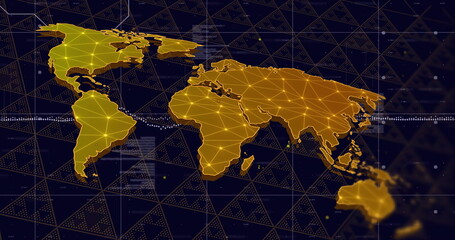 Poster - world map with network connections image over dark geometric background