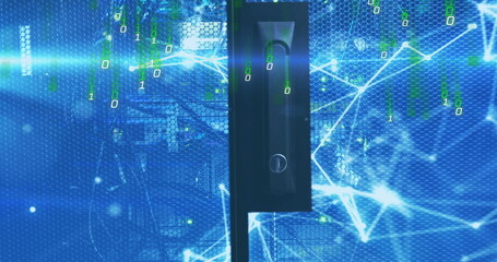 Poster - binary code and network connections image over blue digital background