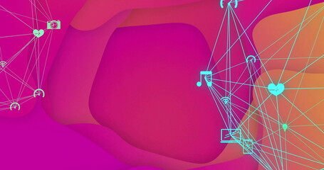 Poster - Network of connected devices and icons image over abstract pink and orange background
