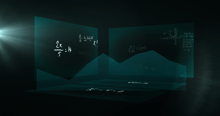 Poster - Mathematical equations and formulas image over dark geometric background