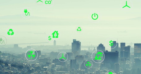 Poster - Image of network of eco icons over cityscape