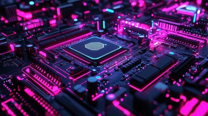 Poster - A G chip resting on a futuristic motherboard with neon lights.