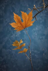 Wall Mural - A lone fall leaf clings tightly on a small tree branch against blue back ground, light, shadow