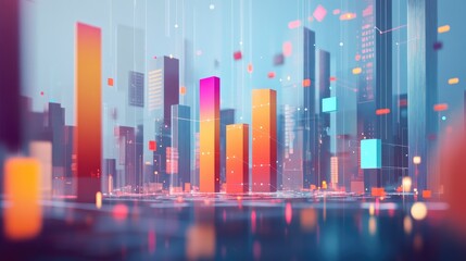 Poster - a transparent d bar chart floating in a digital space, with bars of different heights representing f
