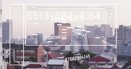 Poster - Image of digital data processing over cityscape