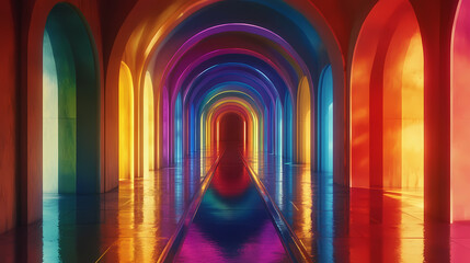 Wall Mural - abstract view of a colorful tunnel with dynamic light patterns swirling around a path. luminous path