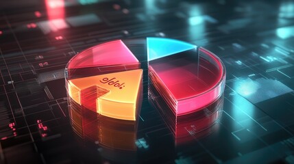 Poster - A transparent D pie chart with floating segments, displayed against a dark, futuristic backdrop, with glowing percentages next to each slice for clarity.