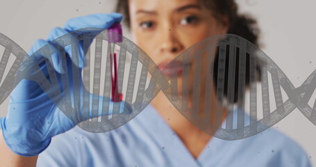 Poster - Image of dna strand and biracial female doctor with vial on white background