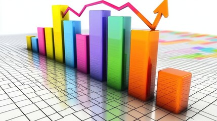 Poster - A vibrant D bar graph with bars of varying heights showing financial performance trends, set on a digital grid with a rising arrow, symbolizing profit and growth.