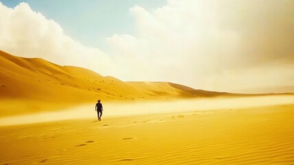 Sticker - Lone figure walking across a vast, sandy desert landscape under a bright, sunny sky with a sandstorm approaching.