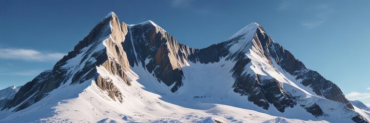 Wall Mural - A majestic snow-covered mountain peak against a clear blue sky, icy summit, snowy mountain, blue sky