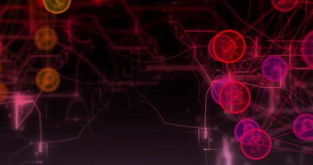 Poster - image of globes with network of connections with icons on black background