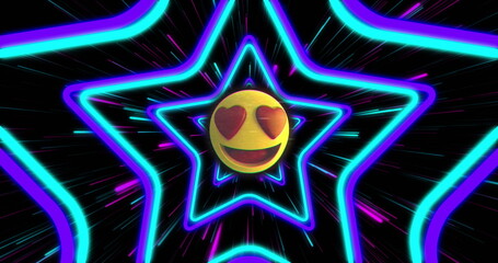 Poster - Heart eyes emoji image over neon star shapes on black background