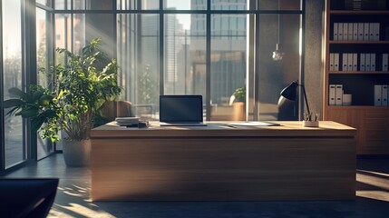 Poster - A bright office desk with a laptop and financial reports in a professional setting.
