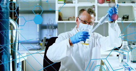Poster - Image of data processing over caucasian male scientist in laboratory