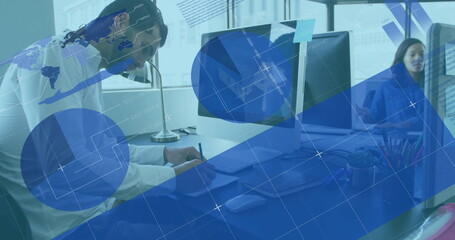 Poster - Image of financial data processing over diverse business people in office