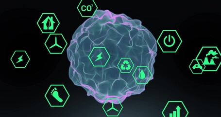 Poster - Image of eco icons and data processing over round shape