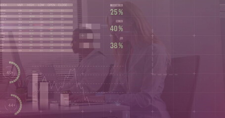 Poster - Image of financial data processing over diverse business people in office