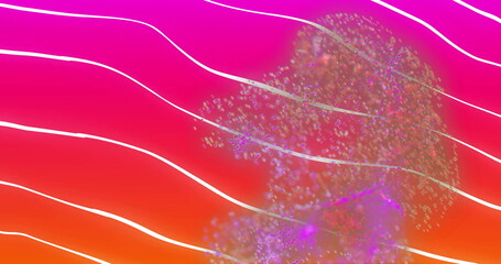 Poster - Image of glowing light trails moving over striped pink to orange background