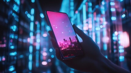 Poster - A close-up of a G-enabled smartphone held against a holographic backdrop.