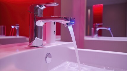 Poster - A close-up of a smart faucet's LED temperature indicators in a futuristic setting.