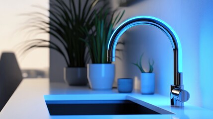 Poster - A close-up of a smart faucet's LED temperature indicators in a futuristic setting.