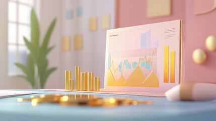 Poster - A visually appealing infographic featuring a gold price chart alongside key economic indicators, designed for an investment presentation, placed on a modern conference table with office essentials.