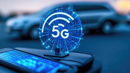 Poster - A concept image of smart cars connected via G in a digital interface.