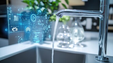 Poster - A digital interface on a smart faucet showing eco-mode for water conservation.
