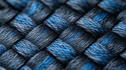 Close-up woven textile texture, blue-grey threads, detailed macro shot, background blurred