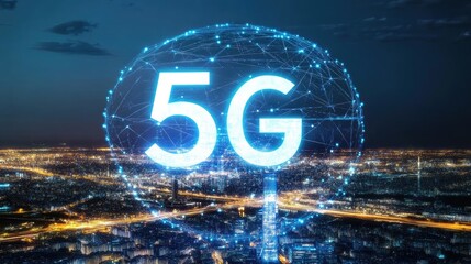 Poster - A digital representation of a G-connected smart city at night.