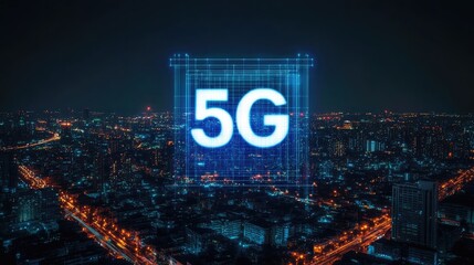 Poster - A digital representation of a G-connected smart city at night.