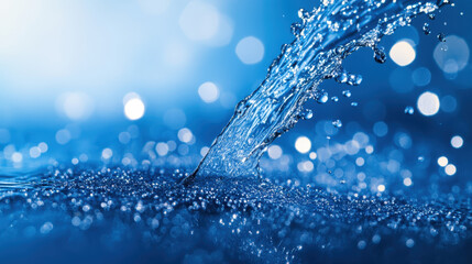 water splash with water droplets on a blue background, a water concept