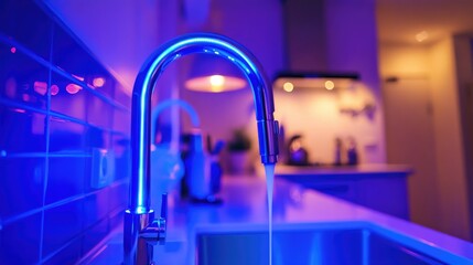 Poster - A glowing smart faucet in a contemporary home kitchen setting.