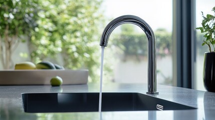Poster - A motion-activated smart faucet installed in a contemporary home setting.