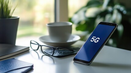 Poster - A smartphone displaying G connectivity on its screen, placed on a clean desk.