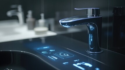 Poster - A smart faucet's digital touch interface glowing with temperature settings.