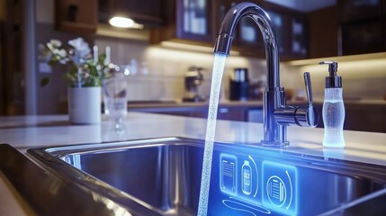 Poster - A smart faucet's digital touch interface glowing with temperature settings.