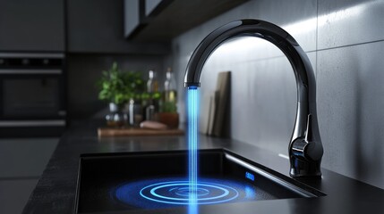 Poster - A smart faucet's digital touch interface glowing with temperature settings.