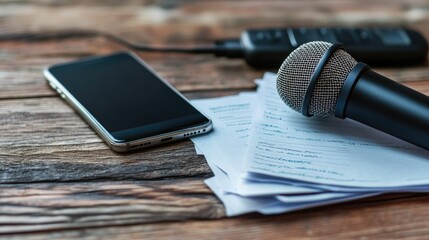 Poster - A voice recorder next to a smartphone and a stack of paper notes.