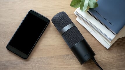 Poster - A voice recorder next to a smartphone and a stack of paper notes.