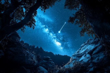 Wall Mural - night sky with shooting star, milky way, and trees.