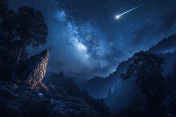 Wall Mural - night sky over mountain range with milky way and shooting star.