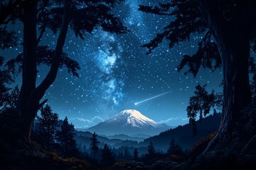 Wall Mural - majestic mountain peak under a vibrant night sky, framed by trees, showcasing the milky way and a sh
