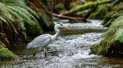 grey heron wading stream, forest background, nature