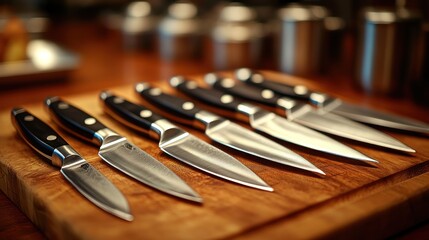 Eight sharp kitchen knives with black handles arranged on a wooden cutting board.