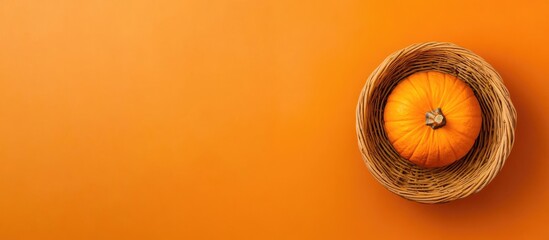 Poster - Pumpkin in wicker basket on orange background with copy space for text or design elements