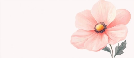 Poster - Pink flower illustration with soft petals and green leaves on a light background with copy space for text.