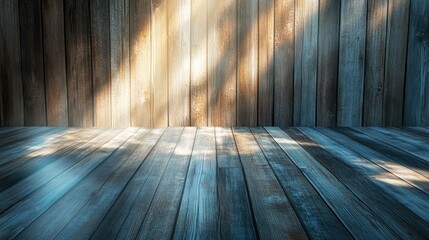 Poster - Wooden interior with sunlight casting shadows on textured floor and wall Copy Space