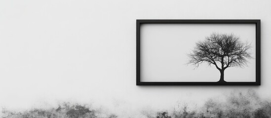 Poster - Black and white artistic photograph of a framed tree silhouette with foggy background and ample copy space.